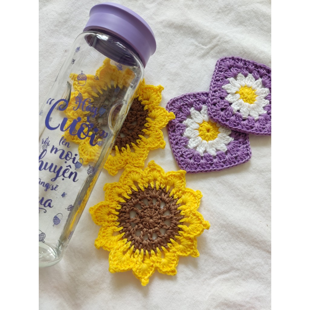 Đế lót cốc, miếng lót ly thấm nước hoa hướng dương handmade từ vải len cực xinh xắn