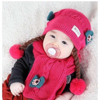 Mũ len 2 bím tóc giả kèm khăn xinh xắn