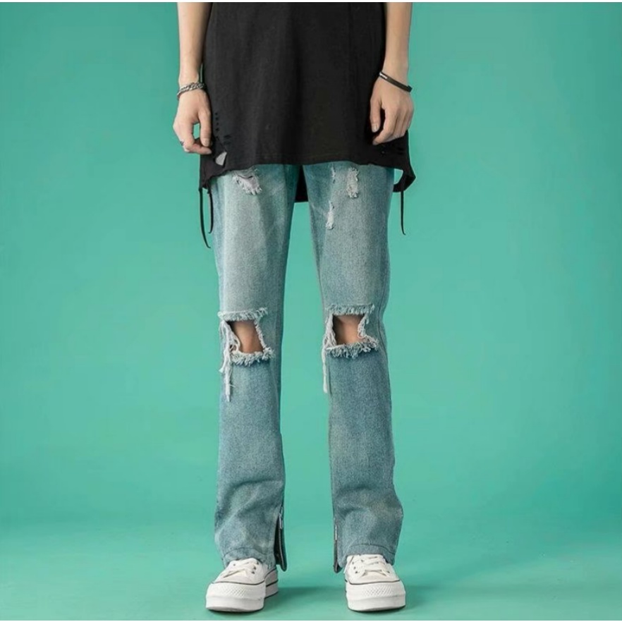 Quần Jeans Rách Phối Khóa Kéo Dáng Rộng Phong Cách Hàn Quốc Thời Trang Cho Nam bigsize quần jean ống suông