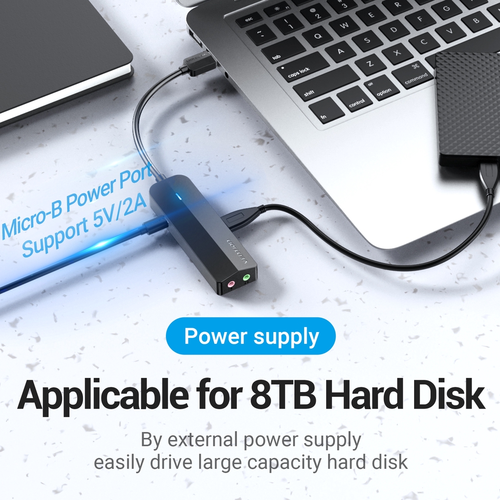 Hub chia cổng chuyển đổi âm thanh Vention 3 cổng USB 3.0 tốc độ cao 5Gbps chuyên dụng cho PC Laptop