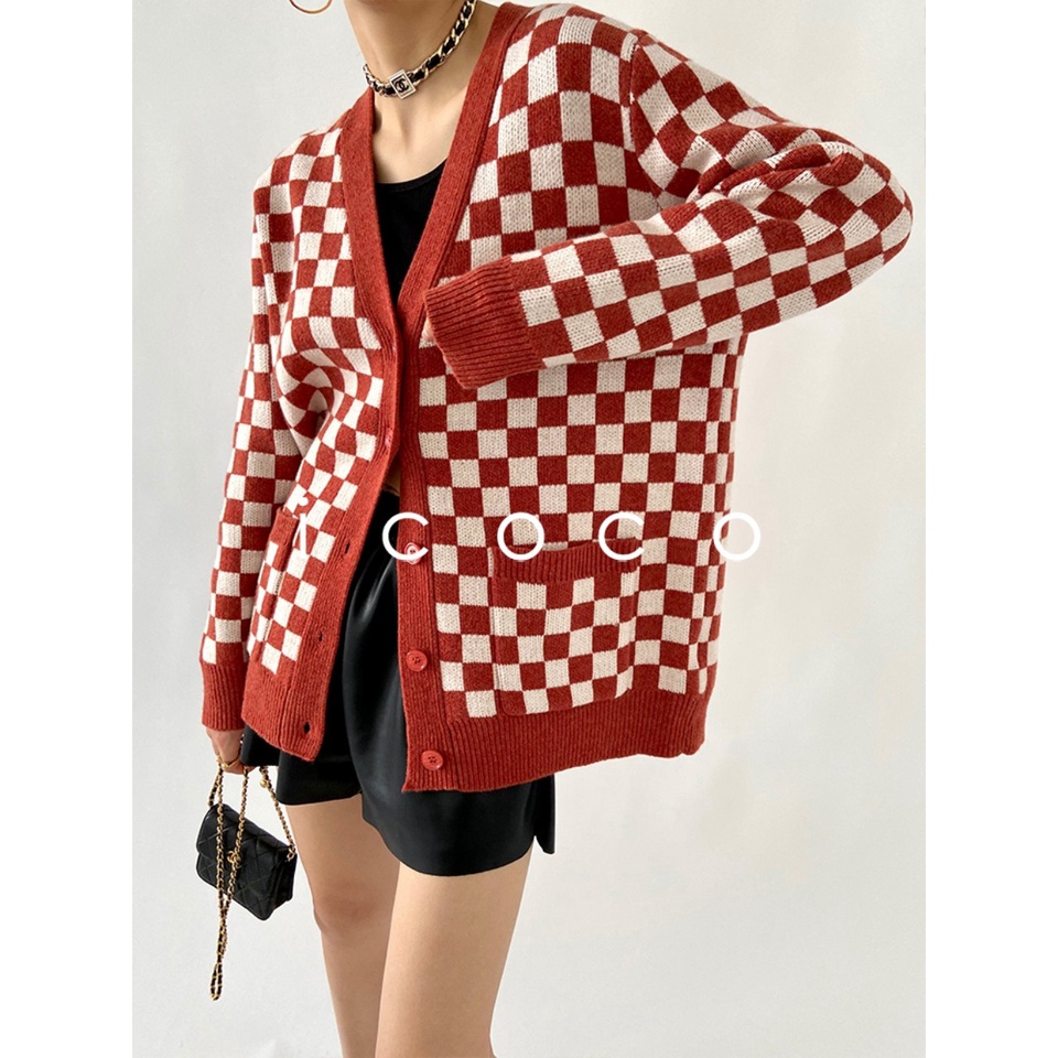 áo len kẻ caro cardigan mềm mại nhẹ thời trang cao cấp sang chảnh trẻ trung phong cách hàn thanh lịch. Hàng QC LCC173