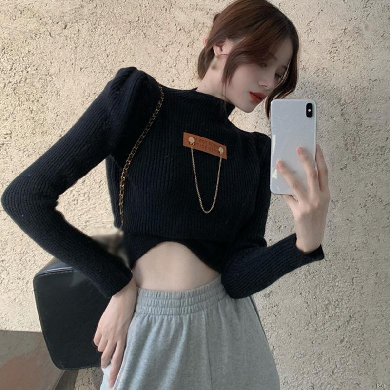 Áo Croptop Dệt Kim Tay Dài Cổ Lọ Phong Cách Hàn Quốc