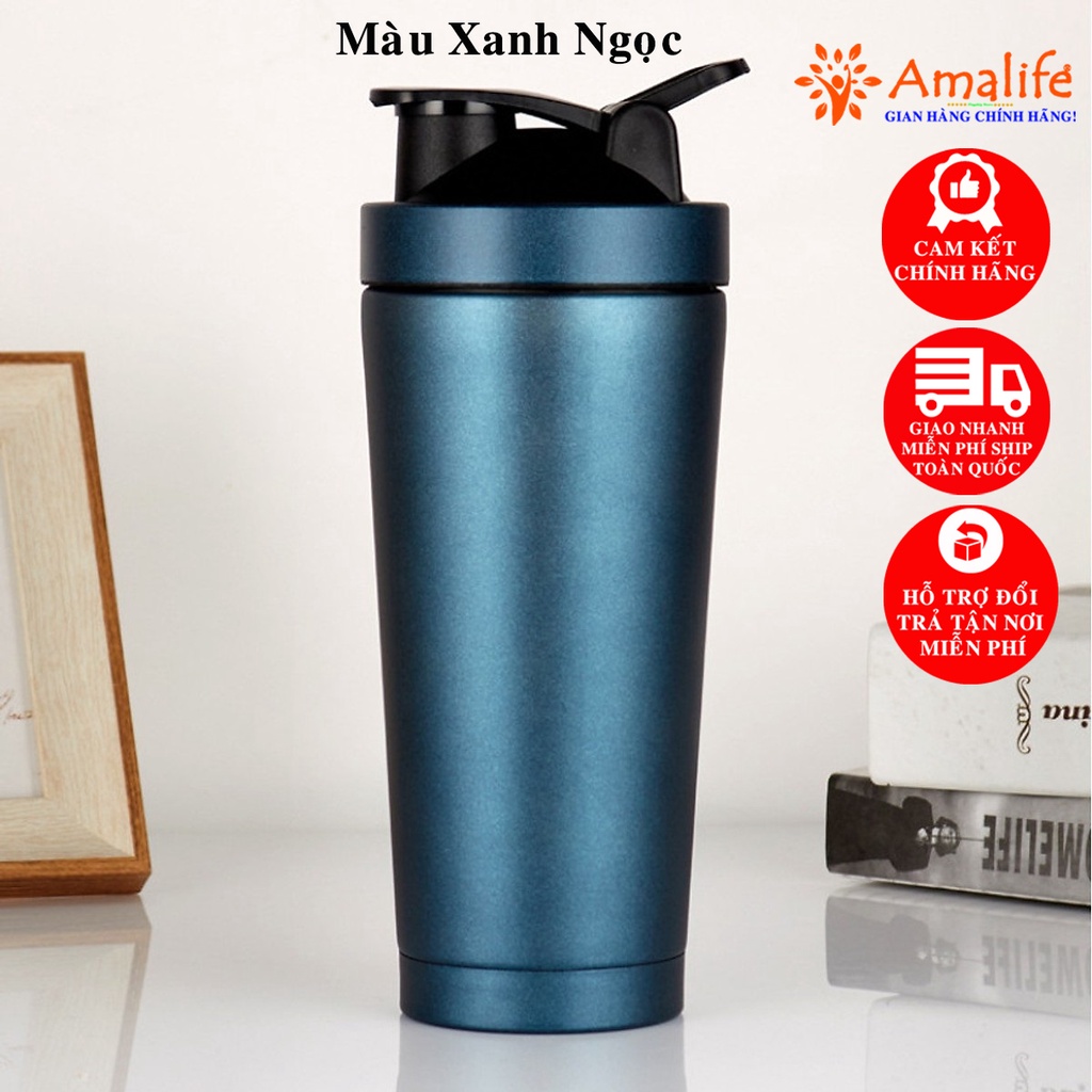 [Màu Xanh Ngọc] Bình Lắc Đựng Nước Shaker Inox 800ml Móc Cài – Tập Gym Thể Thao Chính Hãng Amalife – Kèm Bóng Lò Xo Lắc