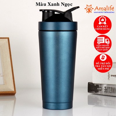 [Màu Xanh Ngọc] Bình Lắc Đựng Nước Shaker Inox 800ml Giữ Nhiệt, Tập Gym Thể Thao Chính Hãng Amalife Kèm Bóng Lò Xo Lắc