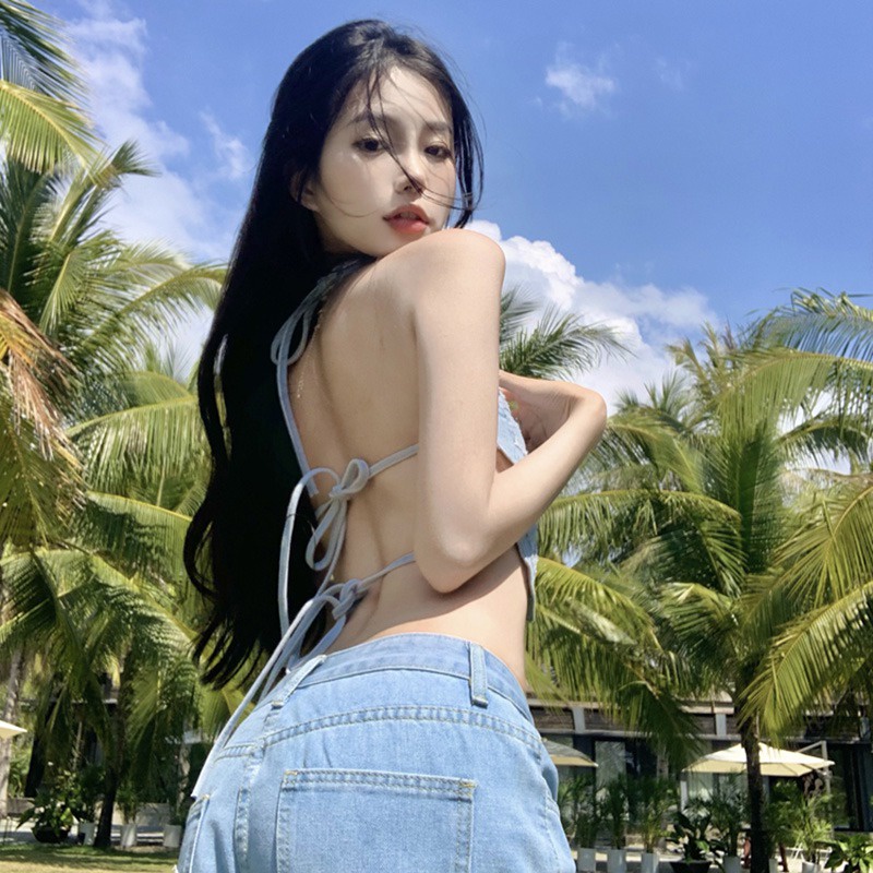 Áo Croptop Cổ Yếm Hở Lưng Phong Cách Hàn Quốc Thời Trang Mùa Hè Quyến Rũ Cho Nữ
