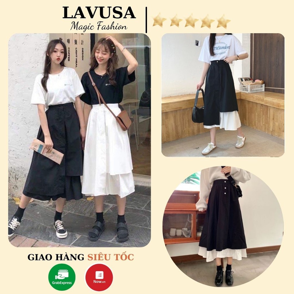 Váy Dài 💖 𝘍𝘳𝘦𝘦𝘴𝘩𝘪𝘱 💖 Chân Váy Dài Chữ A Ulzzang Vạt Lệch Đen Trắng LAVUSA