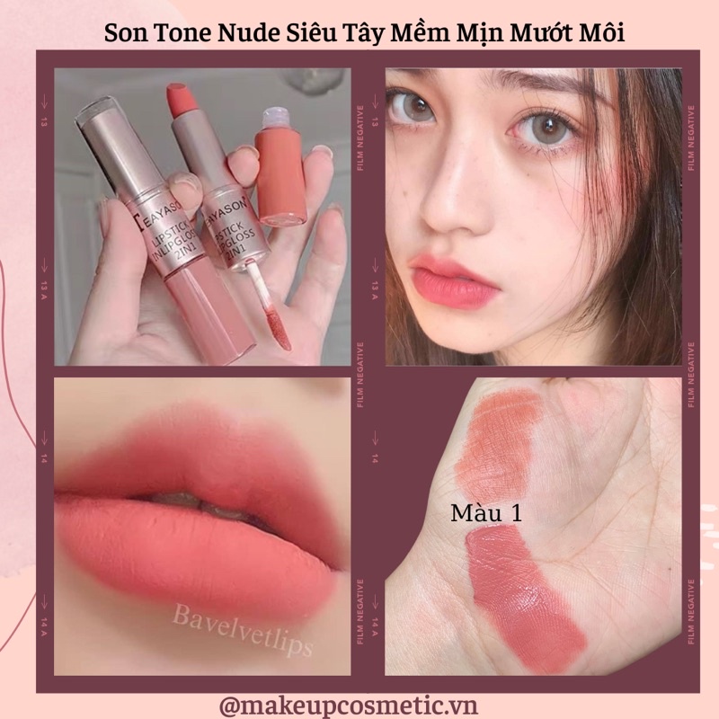 Son Môi Màu Nude Siêu Tây Mềm Mịn, Mượt Mà, Lâu Trôi Lipgloss + Lipstick 2in1
