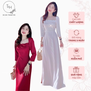 Áo dài cách tây cổ vuông tay nồng lỡ, áo dài tây thi 2 tà đính cúc ở cổ trẻ trung