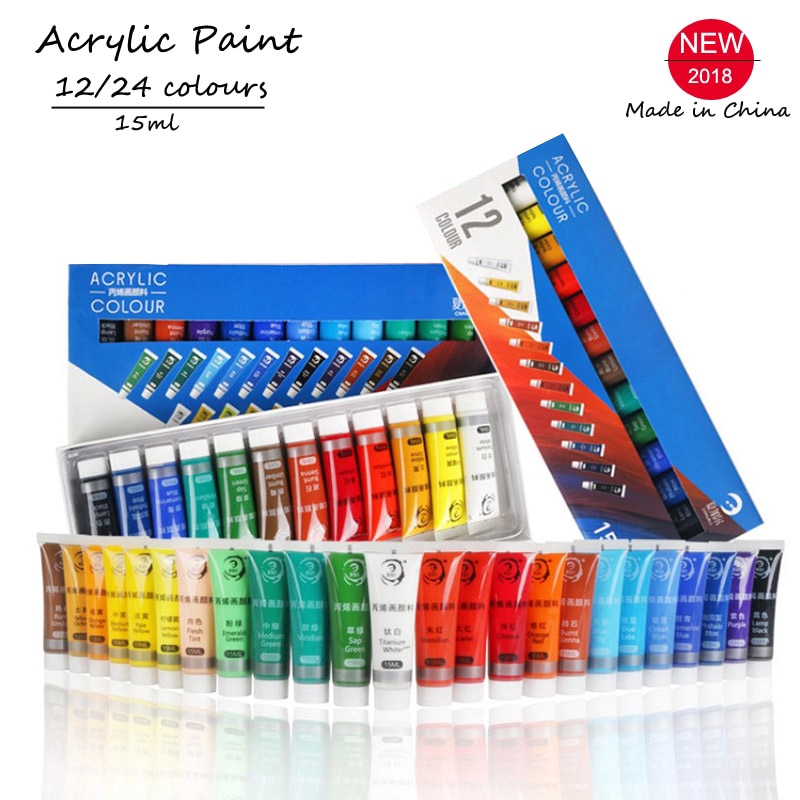 Waterproof Art Supplies 12/24 Colors Acrylic Paint Set Color Paint For Fabric Clothing Nail Glass Drawing Painting For Kids Nylon Paint Brush