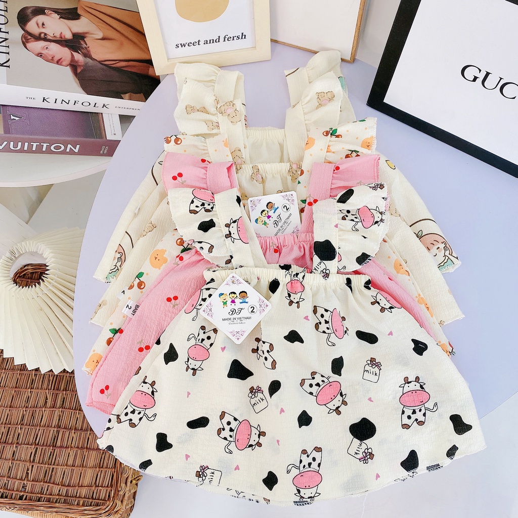 AV20 Bộ Áo Váy 2 Dây Cánh Tiên Hoạ Tiết Hoa Quả Cho Bé Chất Liệu Vải Đũi Nhăn Đủ Size Từ 8-18Kg VNXK Nhật-Hàn