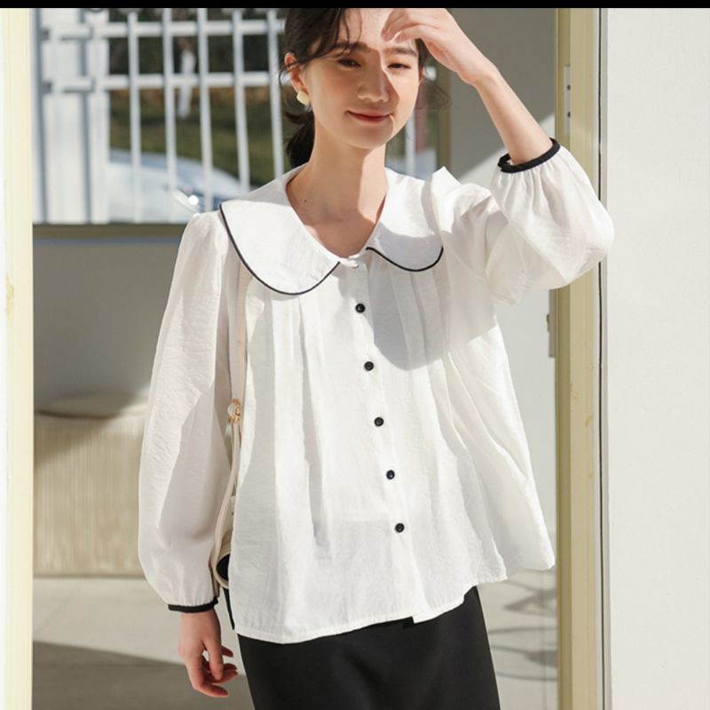 áo sơ mi cổ sen viền đen vintage ảnh thật