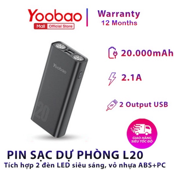 Pin sạc dự phòng Yoobao L20 20000mAh tích hợp 2 đèn LED siêu sáng-Thiết kế hiện đại