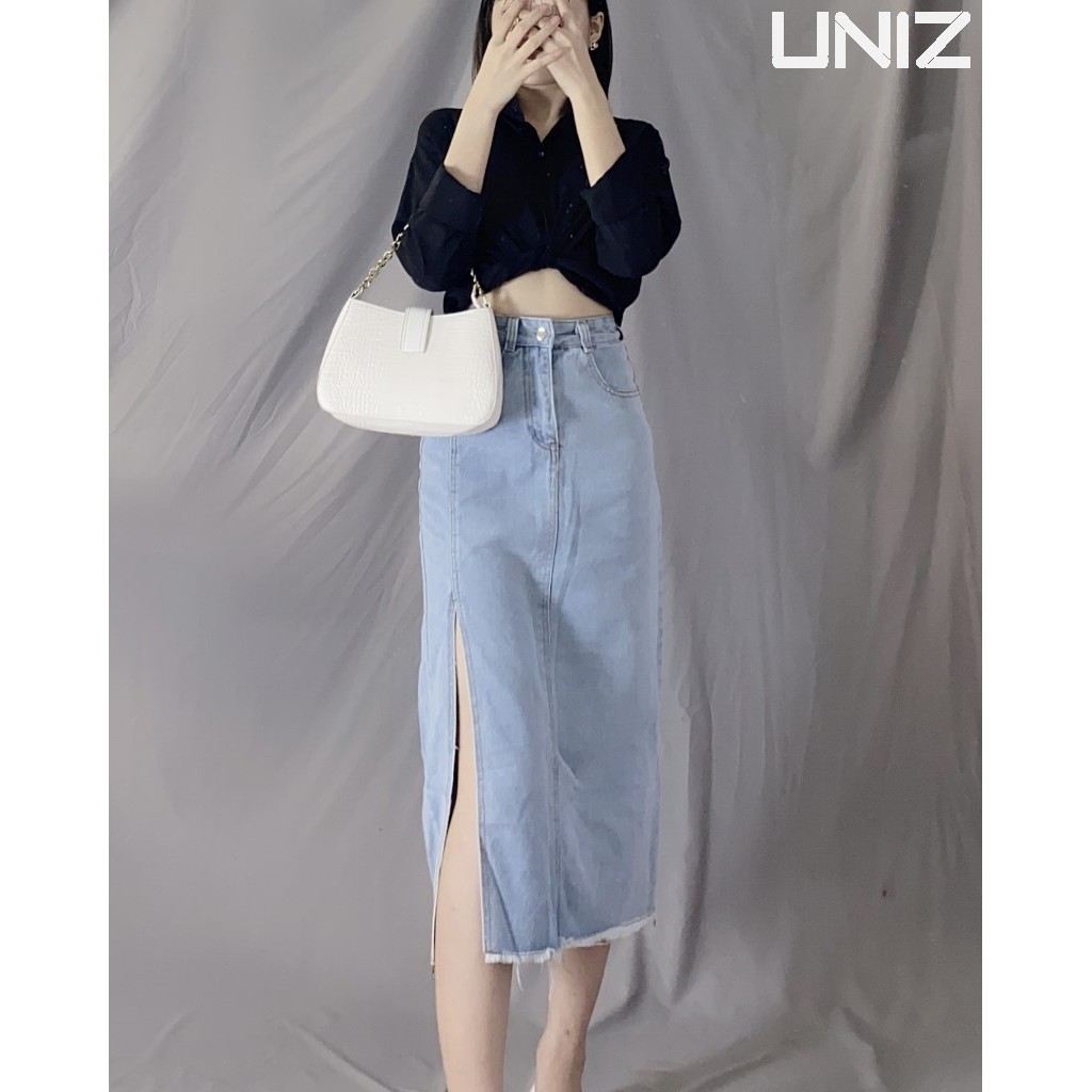 Chân Váy bò Xẻ Chân UNIZ CvJeanXe (2 Màu), Ulzzang, Dáng Dài, Cạp Cao, Xẻ Sâu, Vải jean, Mềm Nhẹ, Co Giãn Nhẹ | BigBuy360 - bigbuy360.vn