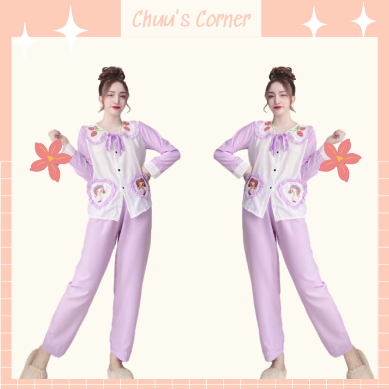 Set đồ bộ mặc nhà tiểu thư, cổ bèo thắt nơ, vải lụa hàn siêu mềm mịn, pijama tay dài quần dài