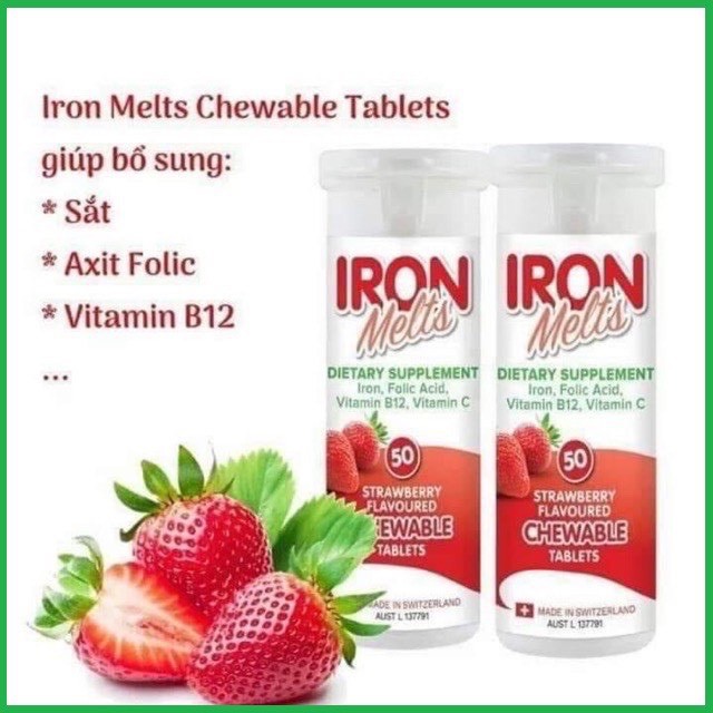 Kẹo sắt ngậm vị dâu Iron Melts Chewable, hộp 50 viên