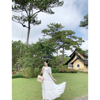 Đầm maxi xô đũi trắng tay phồng viền thổ cẩm - Hình thật 100%