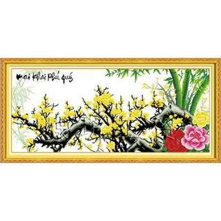 Tranh thêu chữ thập Mai khai phú quý - Cành mai, mẫu đơn < 51331 > chưa thêu
