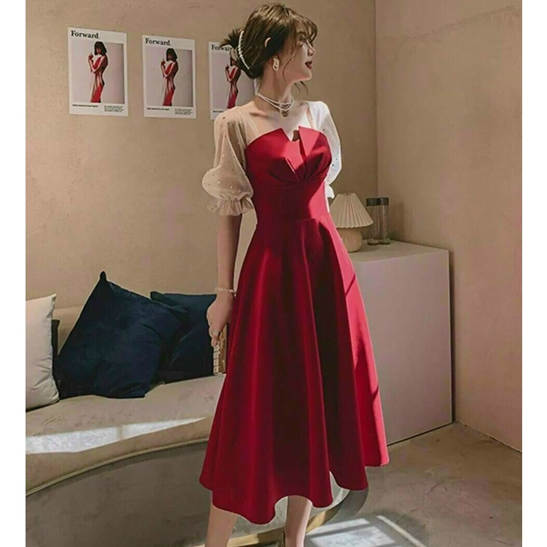 Đầm Xòe Dự Tiệc Dạo Phố Thiết Kế Cổ Vuông Tay Phối Lưới Chấm Bi Sang Chảnh Xinh Sắn Thời Trang Váy Nữ Xm Minh Phúc