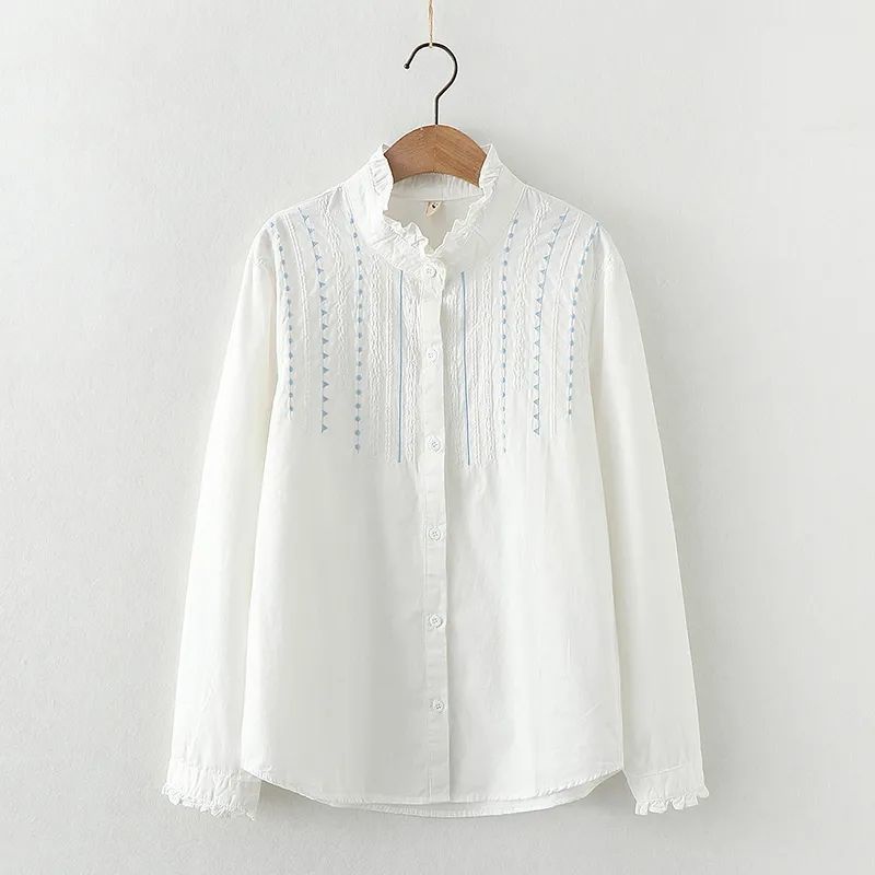 Áo Sơ Mi Trắng Tay Dài Chất Cotton Hoạ Tiết Thêu Thiết Kế Thanh Lịch