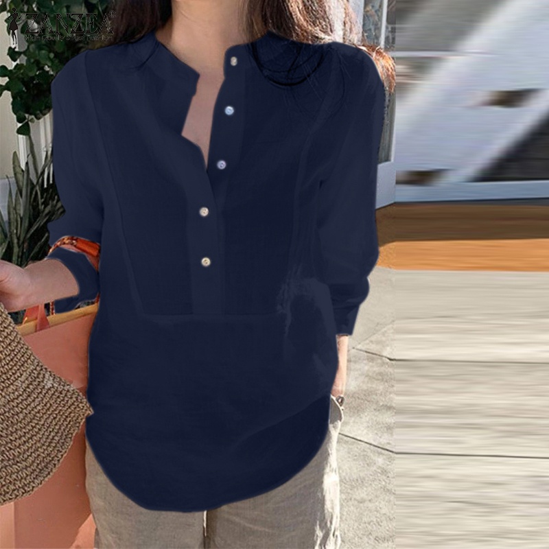 Áo sơ mi nữ ZANZEA bằng cotton tay dài màu trơn cài nút thời trang