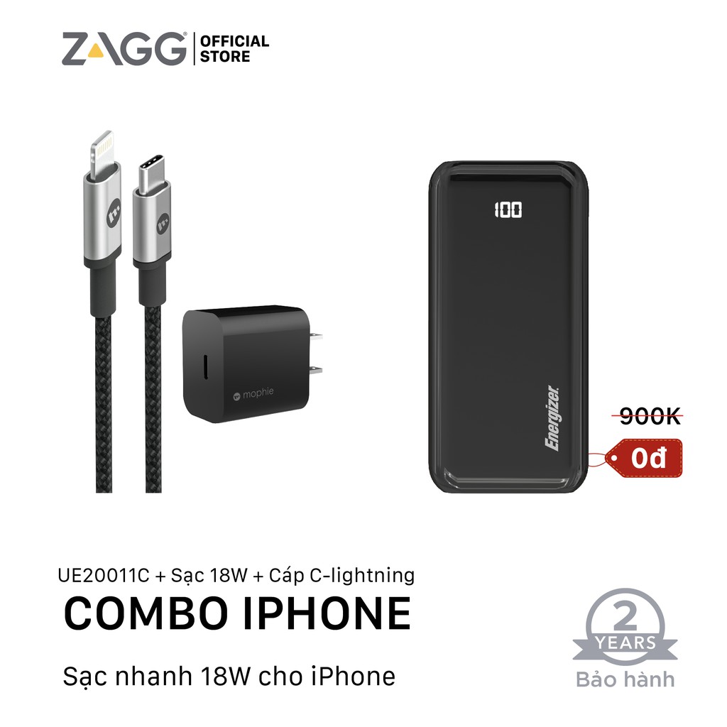 Combo sạc Mophie 18w - Cáp Mophie C to Lightning 1M - Sạc dự phòng Energizer 20,000mAh