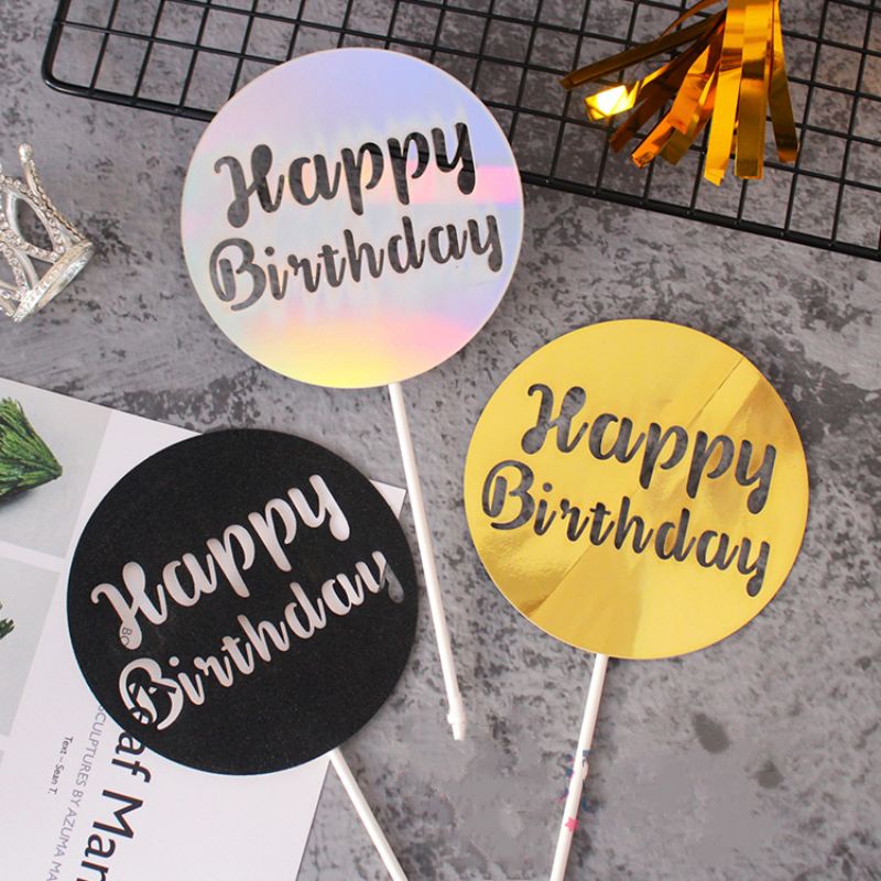 Que cắm giấy HPBD tròn tráng gương lấp lánh trang trí bánh kem, toppercake