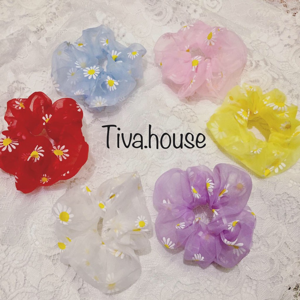 Scrunchies dây buộc tóc vải voan kính trong suốt chun co giãn hình hoa cúc thời trang Hàn Quốc cho bạn gái