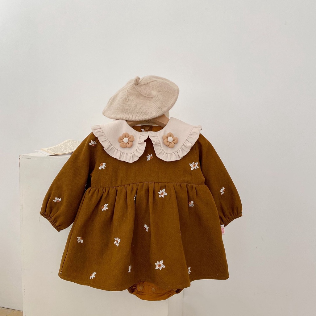 Đầm Công Chúa DZN2 Tay Dài Cổ Búp Bê Thêu Họa Tiết Phong Cách Hàn Quốc Thời Trang Mùa Thu Cho Bé Gái