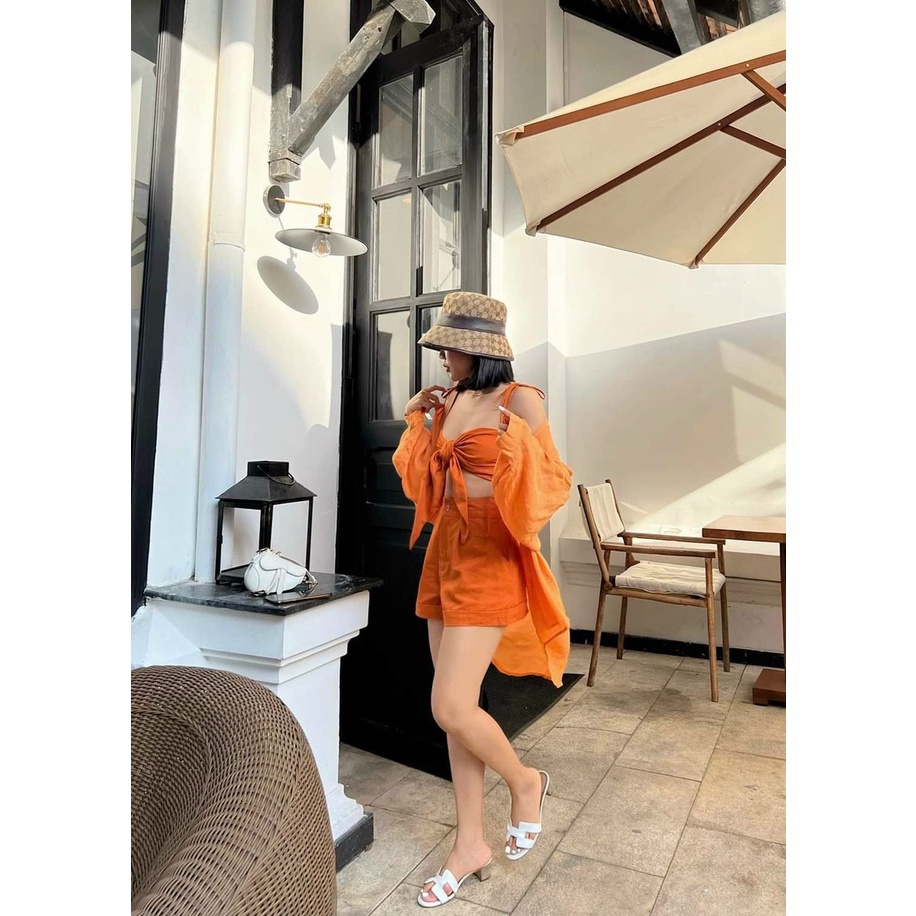 Set đùi kèm áo hai dây cột nơ kèm áo khoác sơ mi cực chất đi biển