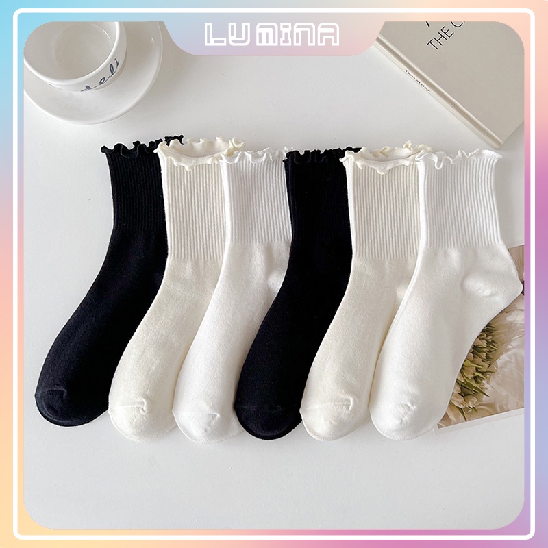 Tất cổ cao nữ bèo nhún màu trơn basic thời trang Vintage Hàn Quốc vớ nữ cổ cao chất Cotton cao cấp kháng khuẩn TD060