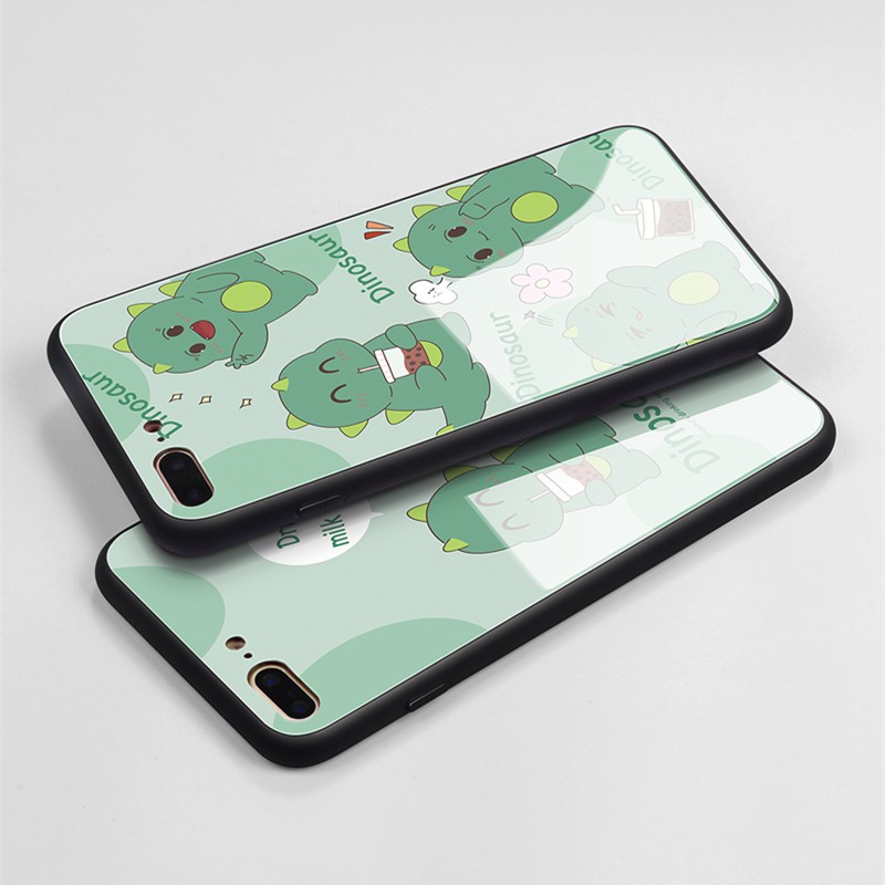 Ốp lưng OPPO A12 A12E A52 A72 A92 A9 A5 2020 Case Green Cartoon Dinosaur Tempered Glass Cover Ốp OPPO A31 A5S A7S F11 Pro f7 F9 F1s A83 Protection Phone casing Bao da