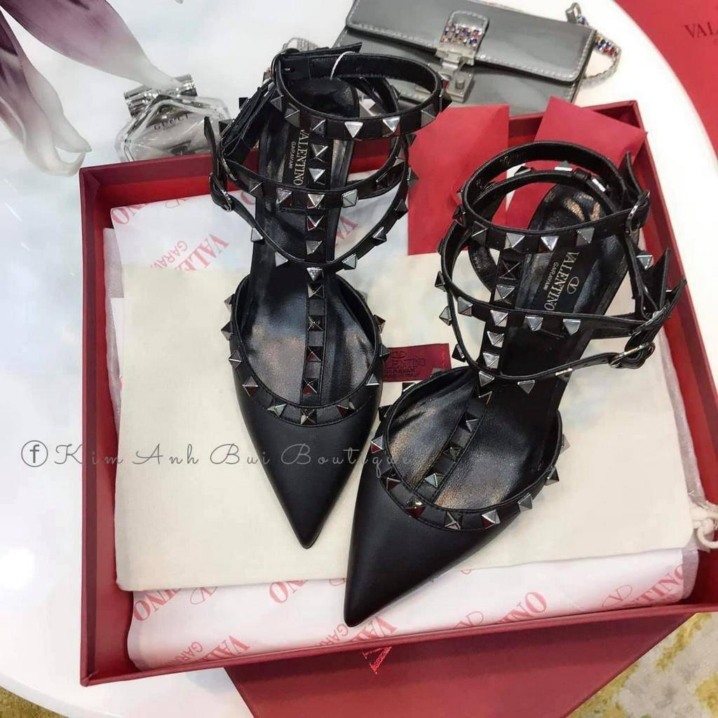 Sandal valen đinh 3 quai da xi đinh kim loại sang chảnh, gót 7cm