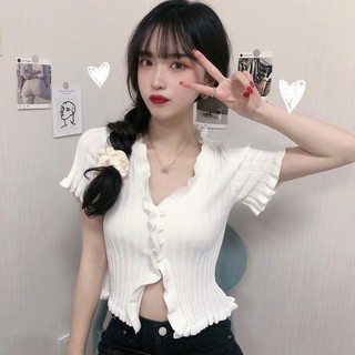 Áo Croptop Cardigan Ngắn Tay Cổ Chữ V Phối Nút Thời Trang Cho Nữ