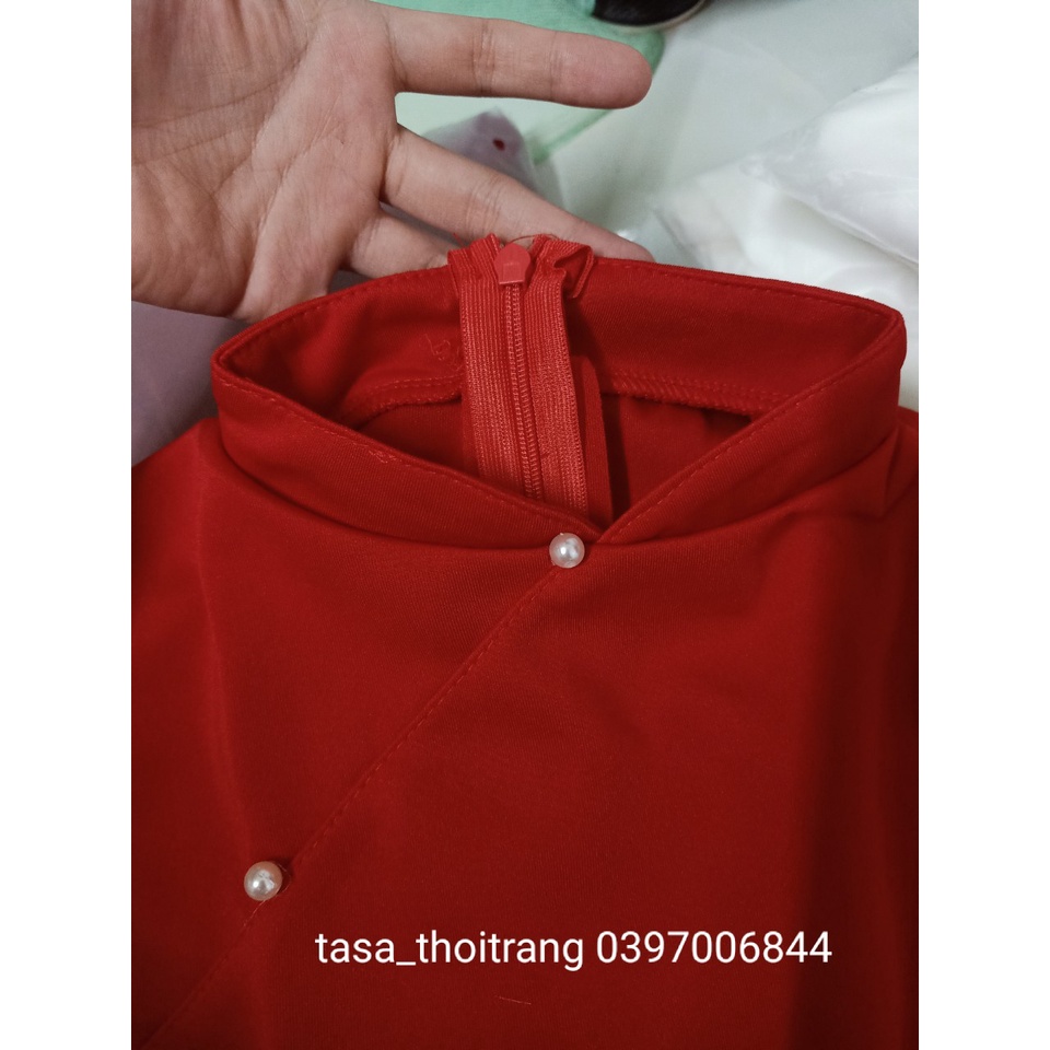 T72 Ảnh thật Đầm body cổ tàu xẻ tà đính ngọc sườn xám áo dài cách tân mặc xuân Tết