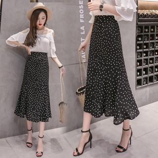 Chân Váy Đuôi Cá Lưng Cao Hoạ Tiết Chấm Bi Chất Chiffon Thanh Lịch