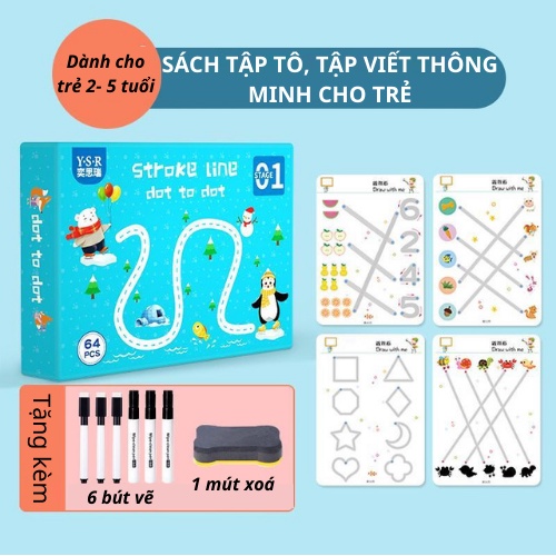 Đồ chơi giáo dục sớm Montessori thông minh cho bé. Sách tập viết, tập tô, nối điểm, nối số, luyện cầm bút, tái sử dụng