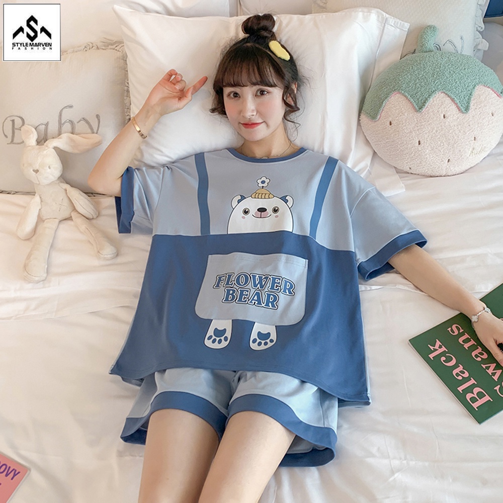 Bộ Quần Áo Nữ "FLOWER BEAR" Cộc Tay Chất Thun Co Giãn STYLE MARVEN - WM SET 013
