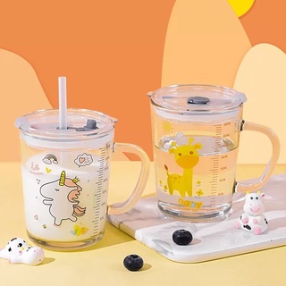 Cốc pha sữa thủy tinh tay cầm chia vạch có nắp kèm ống hút 350ml
