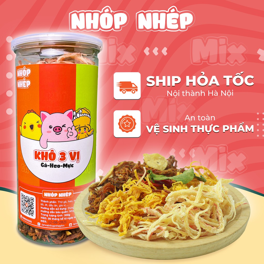 Khô gà mix khô heo mực Nhóp Nhép 3 vị 300g , đồ ăn vặt Hà Nội vừa ngon vừa rẻ