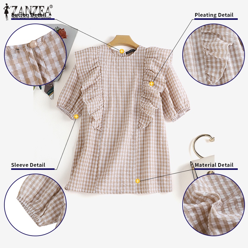 Zanzea Áo Sơ Mi Tay Lửng Cổ Tròn Họa Tiết Caro Phong Cách Hàn Quốc Thời Trang Cho Nữ