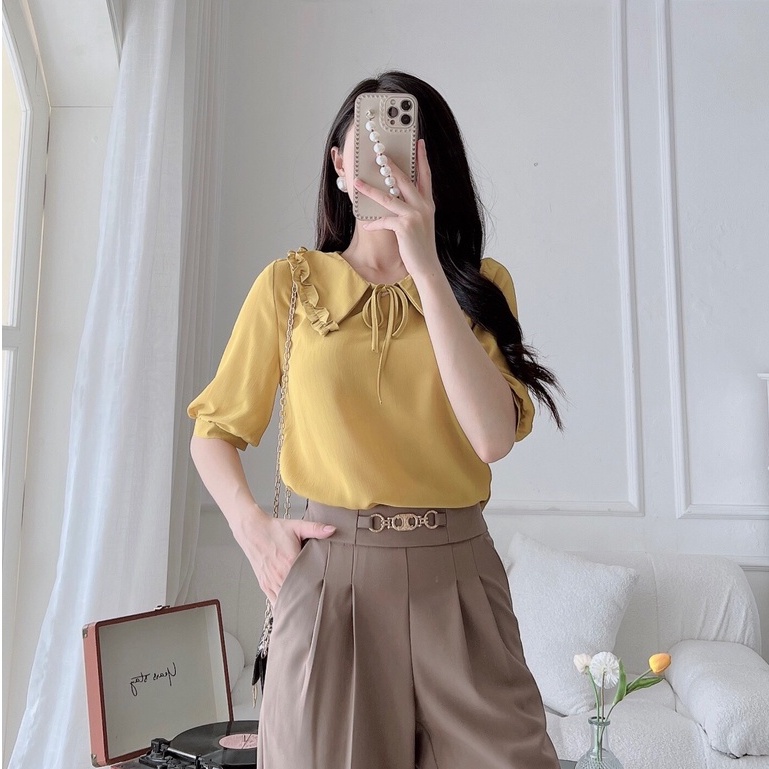 Áo sơ mi tay lỡ voan cổ đức gắn nơ dây trơn chất vải voan xước cao cấp thoáng mát EvaLover