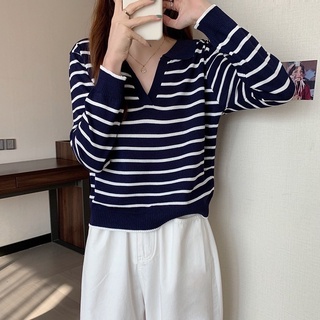 áo len kẻ dài tay cổ bẻ