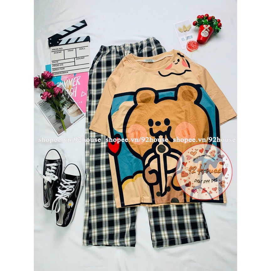 Set đồ bộ quần dài kẻ sọc caro ống rộng unisex Đồ bộ sọc caro nữ áo phông tay ngắn quần dài kate dáng suông