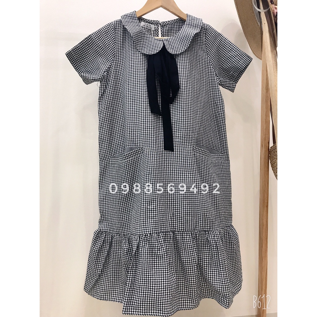 Váy Bầu Công Sở - Đầm Bầu GUME kẻ caro đen dáng đuôi cá nơ cổ chất vải thô cotton mềm mát size từ 40-100kg  MYC1188