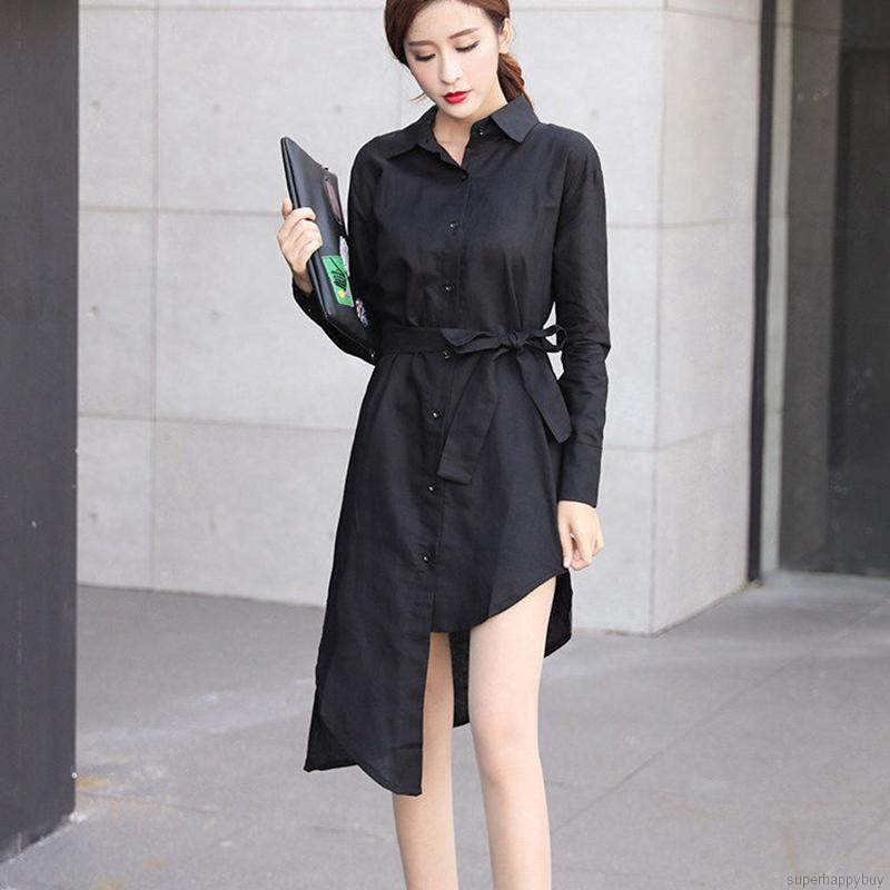 Đầm sơ mi dài tay kẻ sọc/màu trơn thiết kế thắt nơ eo thời trang nữ