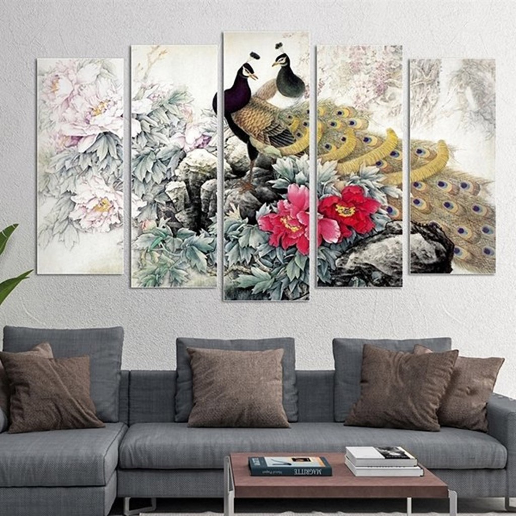 Tranh Phong Thủy - Tranh Treo Tường Chim Công Và Hoa Mẫu Đơn Cách Điệu (Bộ 5 tấm)
