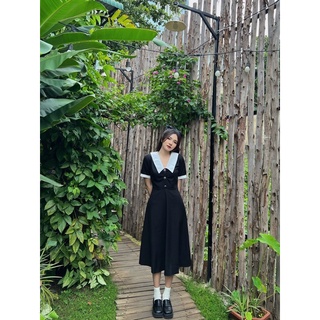 Lona Dress - Váy midi đen cổ sen phối trắng(hình thật shop chụp - minclothinggg
