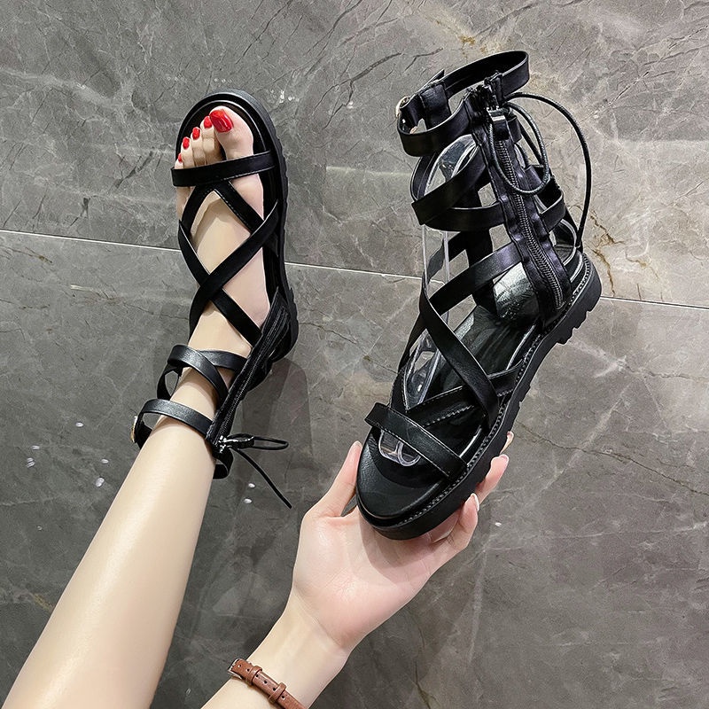 Giày Sandal Đế Bằng Mềm Cổ Cao Dây Chéo Thời Trang Mùa Hè Cho Nữ