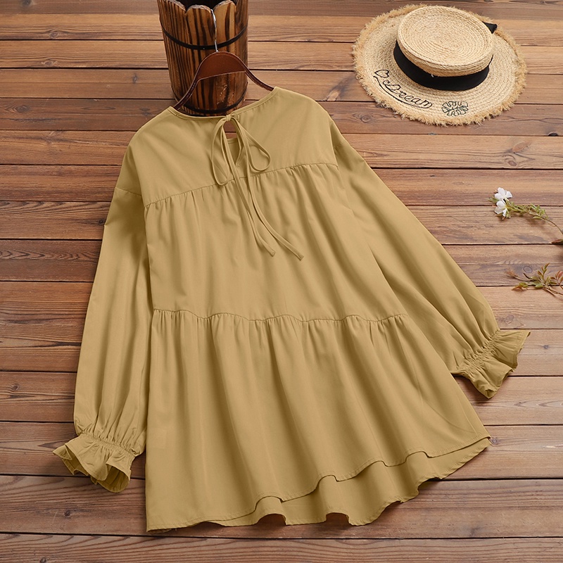 Áo kiểu Zanzea tay phồng dài cổ tròn màu trơn thời trang cho nữ