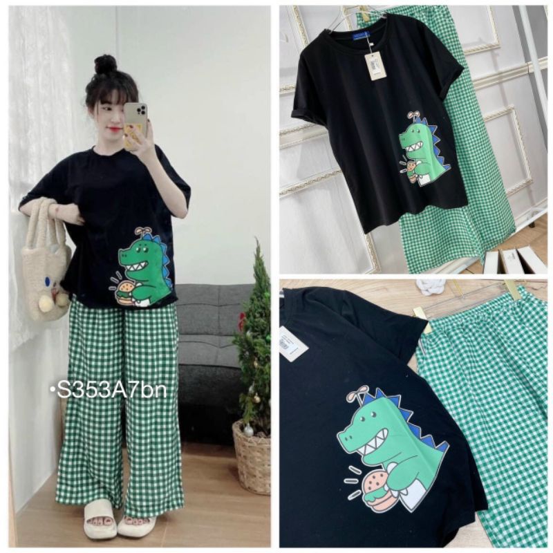 SET BỘ DÀI ỐNG RỘNG SET ÁO THUN KHỦNG LONG QUẦN CARO XANH DÁNG SUÔNG, CÓ ẢNH THẬT